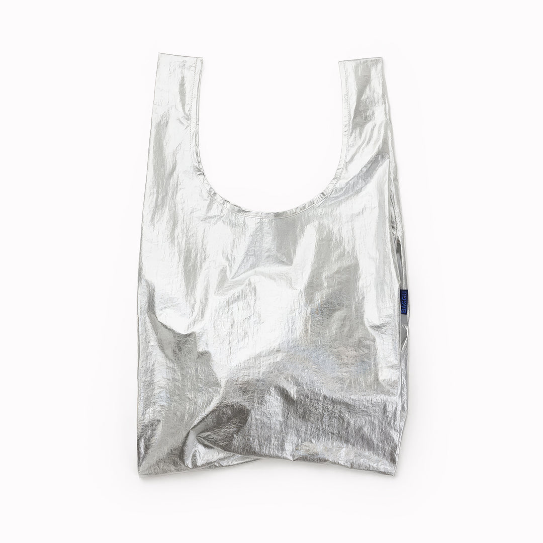 Baggu Silver Metallic Shopping Tote Bag on White Background