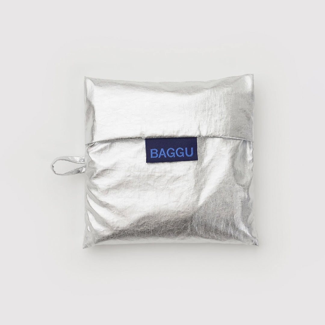 Silver reusable bag with 'BAGGU' logo on a white background