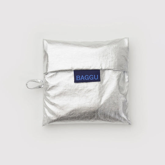 Silver reusable bag with 'BAGGU' logo on a white background