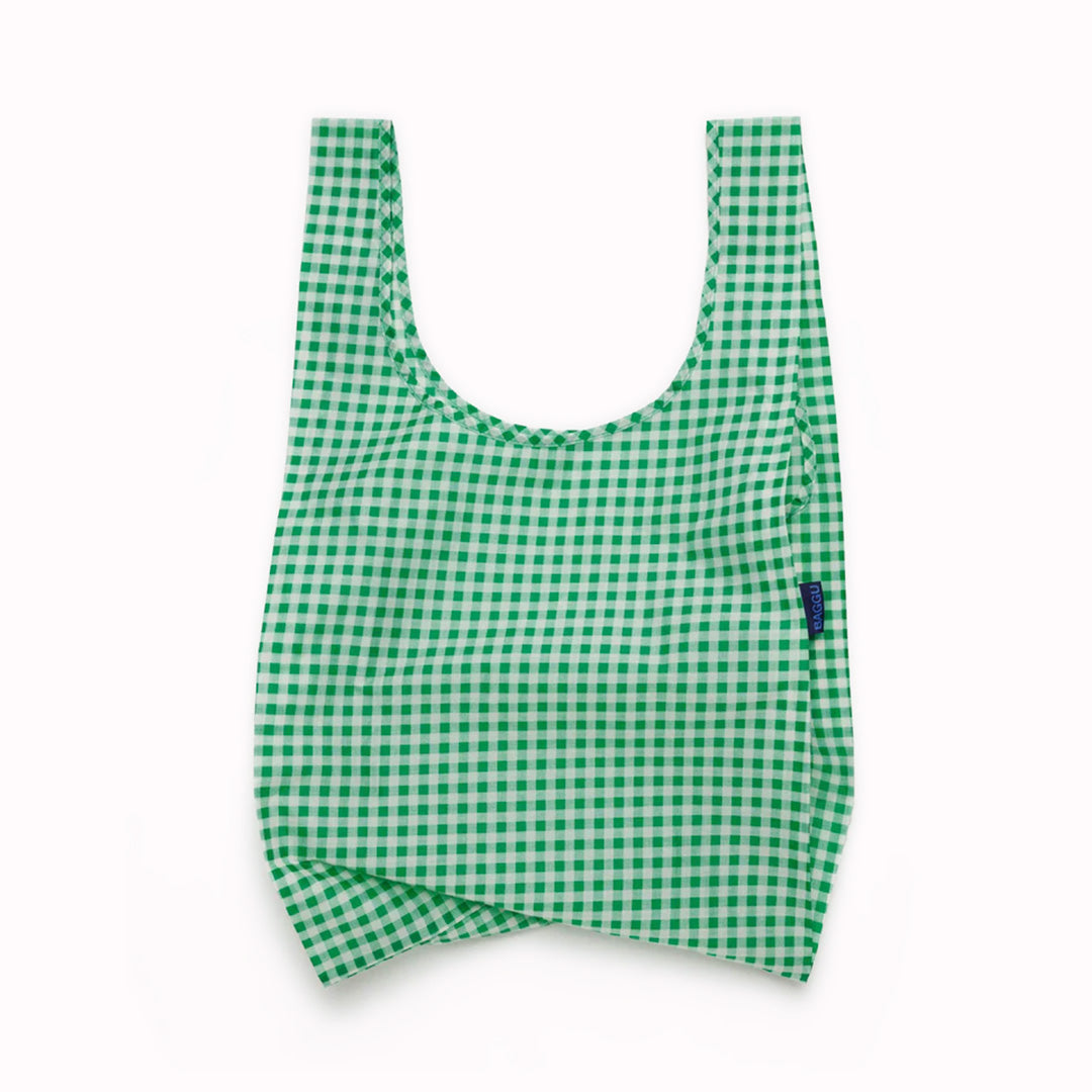 Green Gingham Reusable shopping bag from Californian maker Baggu - made from super strong ripstop nylon to transport pretty much anything