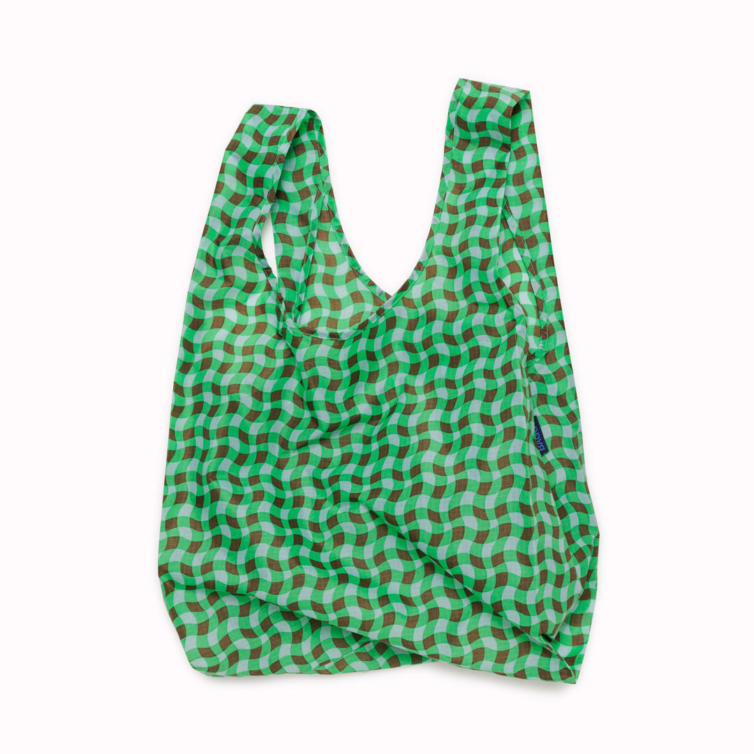 Wavy Green Gingham Reusable shopping bag from Californian maker Baggu - made from super strong ripstop nylon to transport pretty much anything