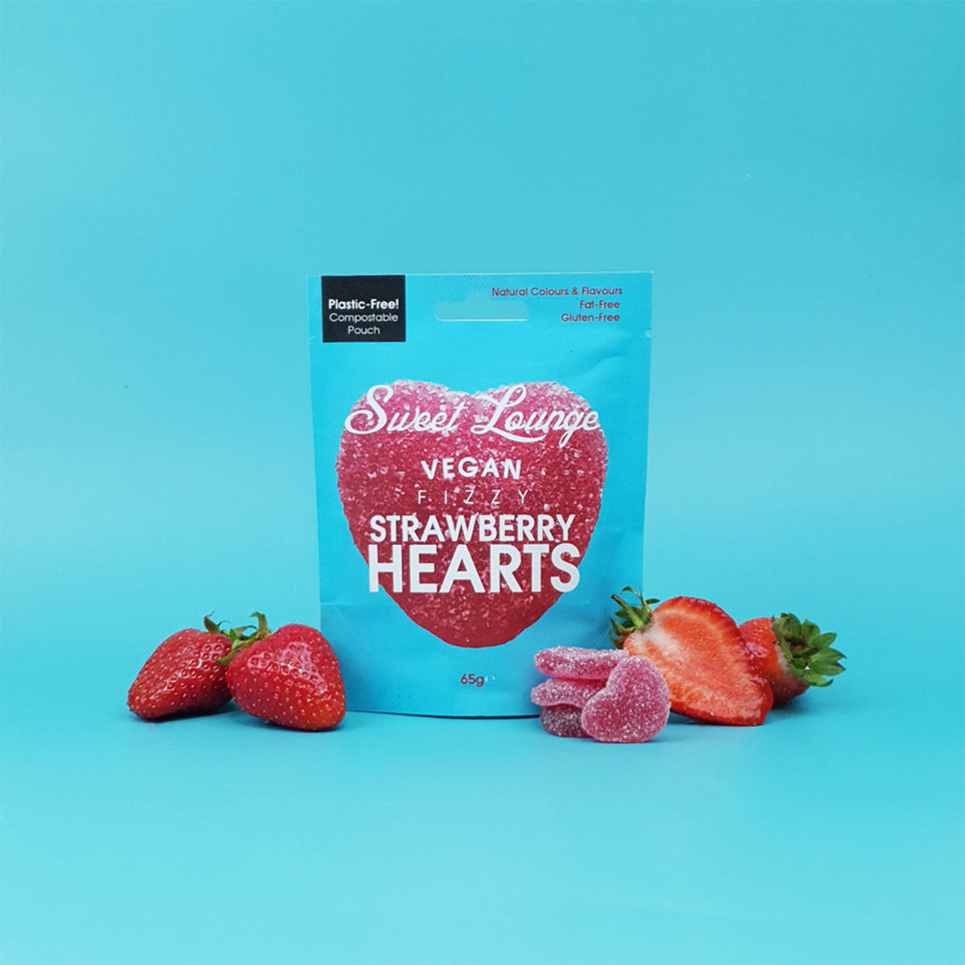 Sweet Lounge Vegan Fizzy Strawberry Hearts are heart-shaped, fizzy strawberry-flavoured gummies crafted for plant-based snacking without compromise