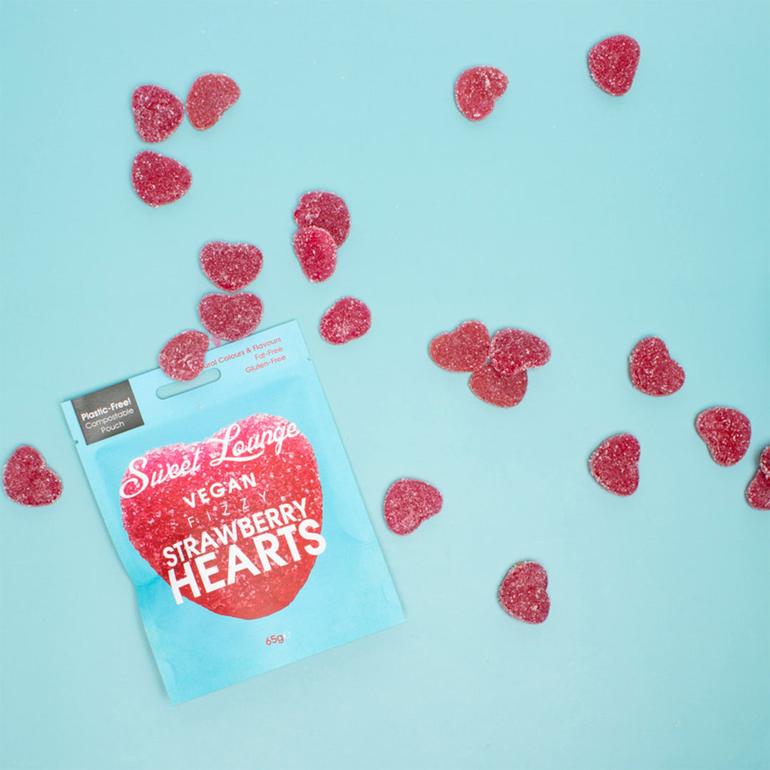 Sweet Lounge Vegan Fizzy Strawberry Hearts are heart-shaped, fizzy strawberry-flavoured gummies crafted for plant-based snacking without compromise