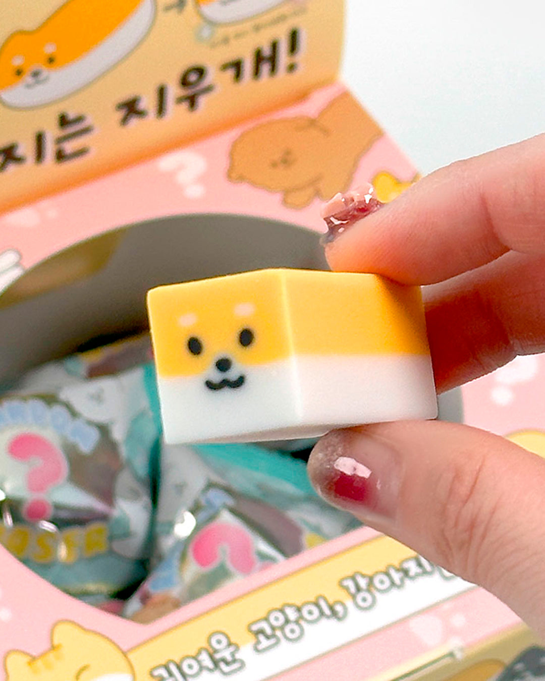 A small-format eraser that starts as a clean block and gradually reveals a rounded dog or cat character as it wears down. Each piece is blind-packed, so you will not know which you are getting.