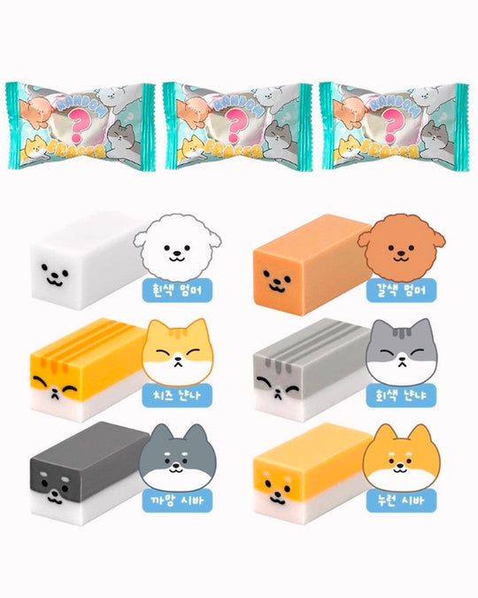 A small-format eraser that starts as a clean block and gradually reveals a rounded dog or cat character as it wears down. Each piece is blind-packed, so you will not know which you are getting.