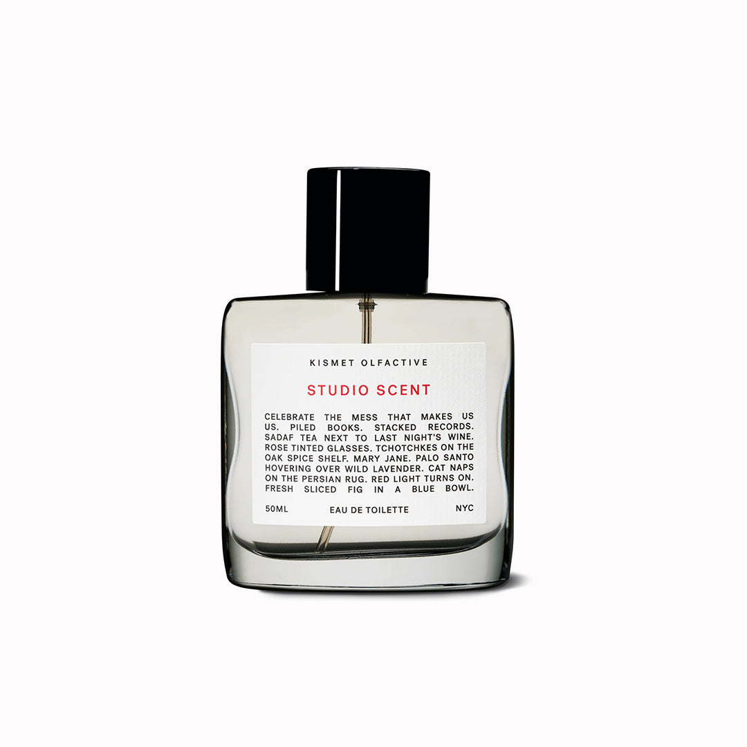 Perfume bottle labeled 'Studio Scent' by Kismet Olfactive on a white background