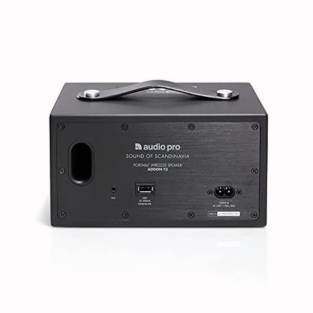 Rear View of the Audio Pro T3+ in black finish on a white background