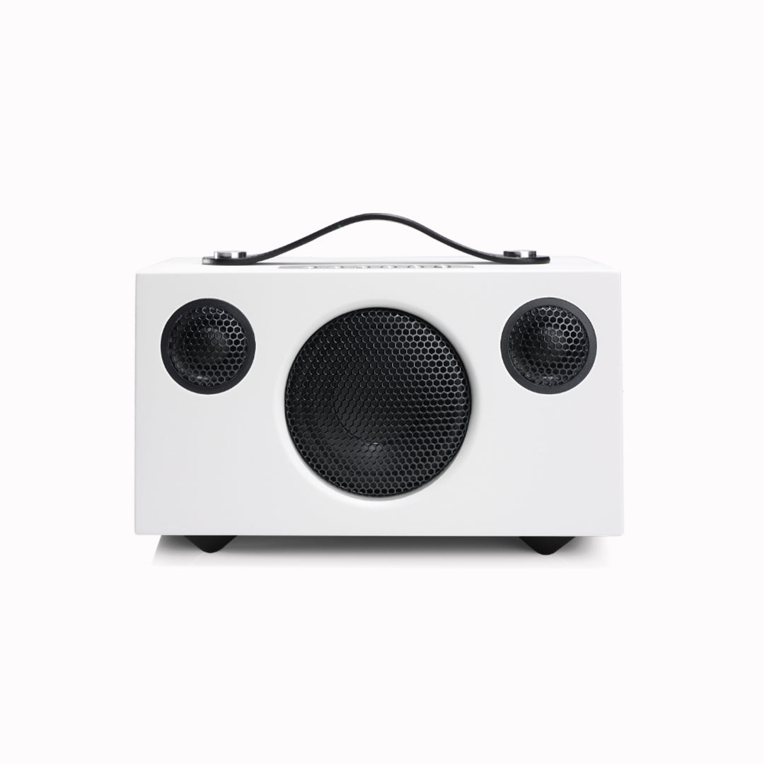 Audio Pro T3+ portable bluetooth speaker in white finish front view on a white background