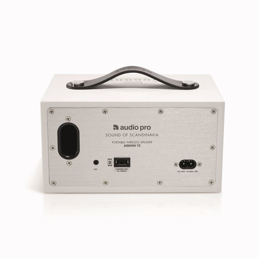 Audio Pro T3+ portable bluetooth speaker in white finish rear view on a white background