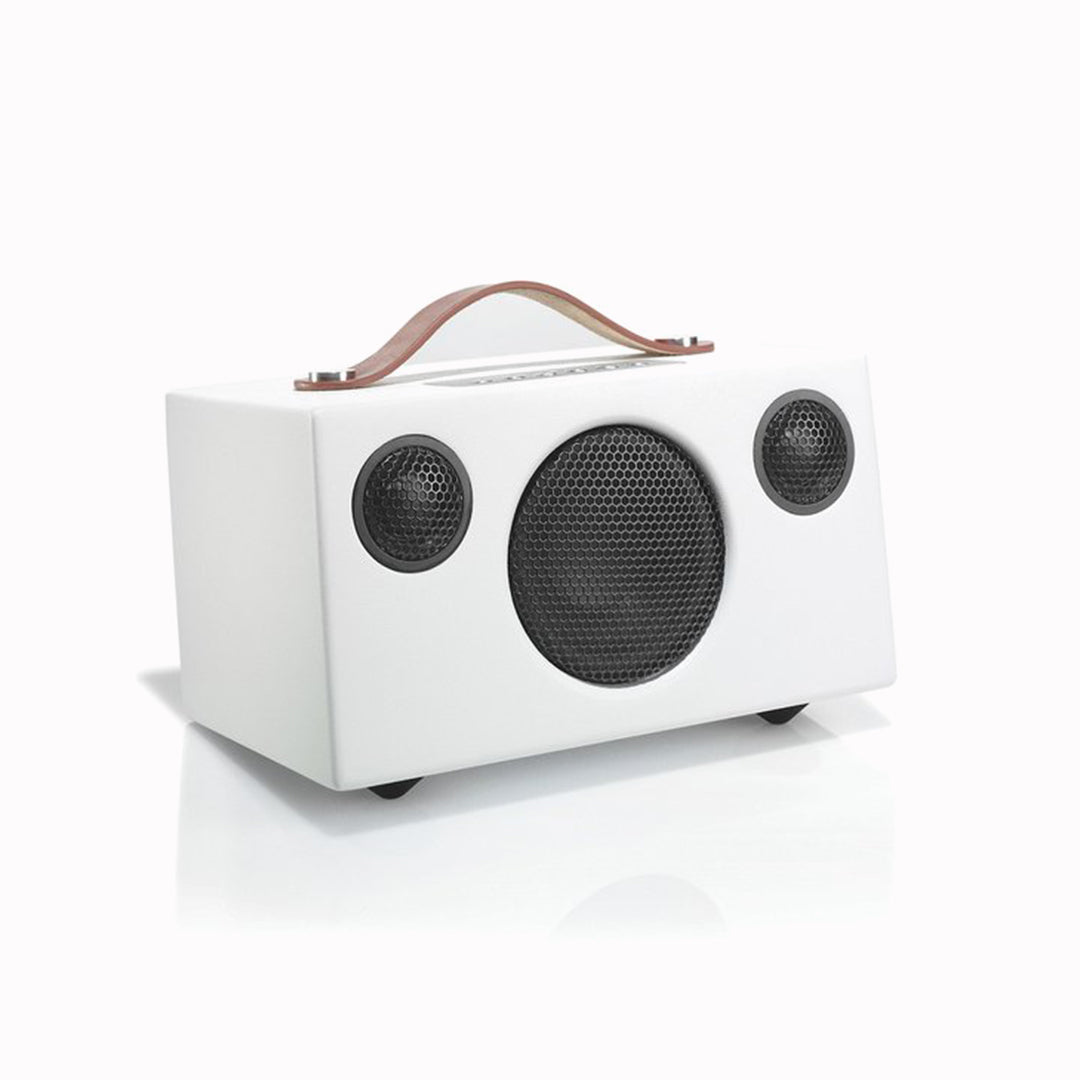 Audio Pro T3+ portable bluetooth speaker in white finish side view on a white background