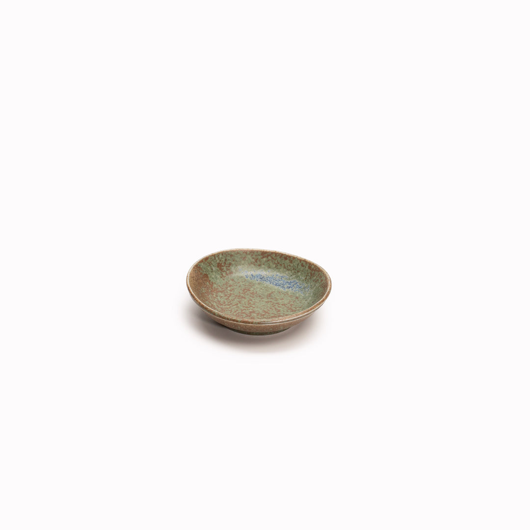 Table Sauce Dish from Made in Japan, approximately 8cm wide in a rustic green glaze - perfect for dipping sauces. 