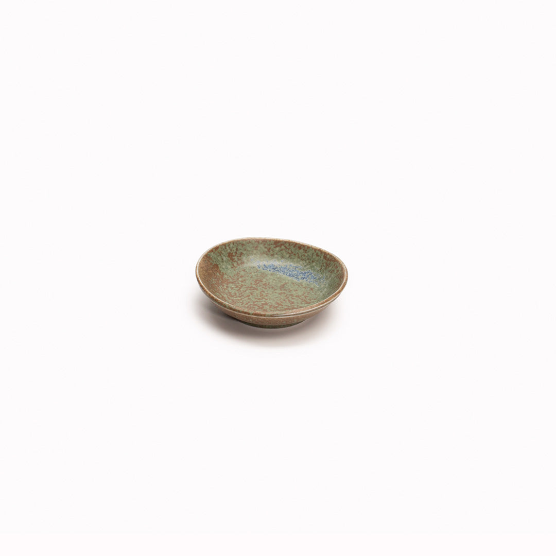 Table Sauce Dish from Made in Japan, approximately 8cm wide in a rustic green glaze - perfect for dipping sauces.