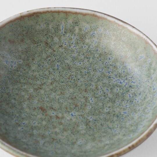Table Sauce Dish from Made in Japan, approximately 8cm wide in a rustic green glaze - perfect for dipping sauces.  Detail View