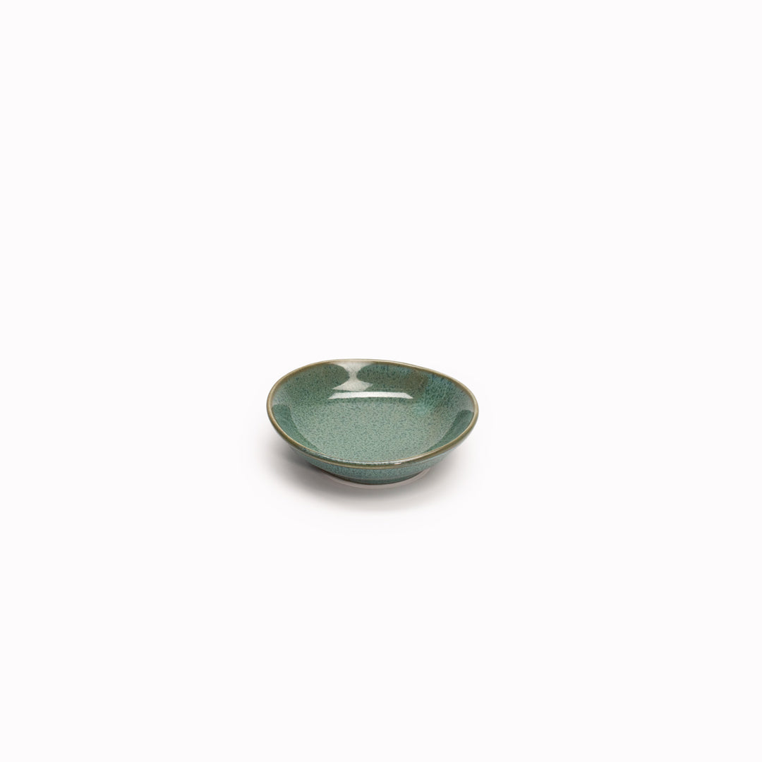 Peacock Table Sauce Dish from Made in Japan, approximately 8cm wide in a rustic teal glaze - perfect for dipping sauces. 