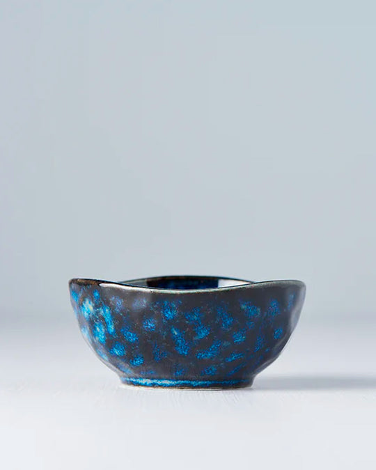 Inigo Blue Glaze Table Sauce Dish from Made in Japan, approximately 8.5cm with an irregular, organic shaping to the edge. Designed for soy sauce, dips or small condiments such as picked ginger.