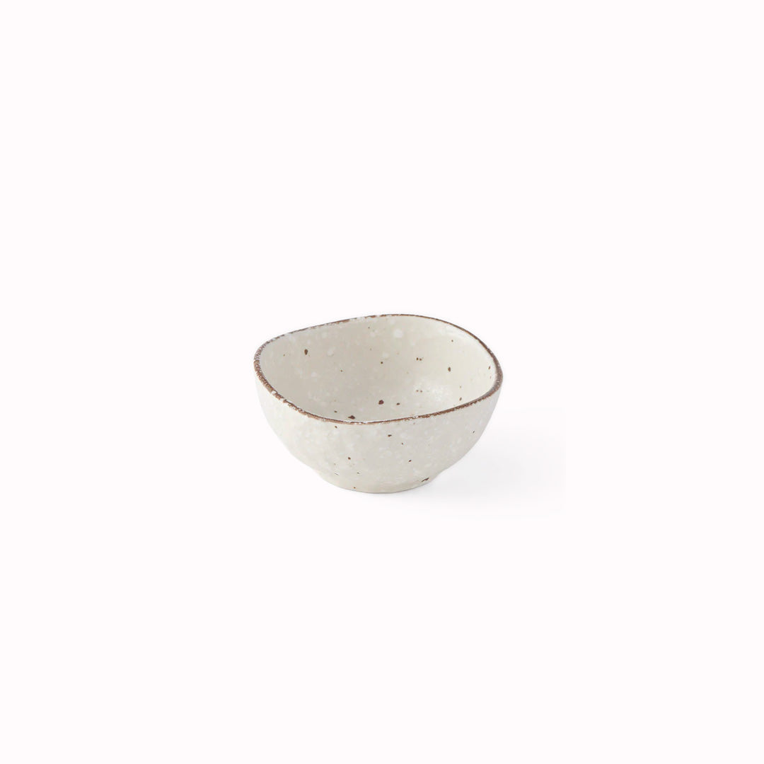 White Flecked Glaze Table Sauce Dish from Made in Japan, approximately 8.5cm with an irregular, organic shaping to the edge. Designed for soy sauce, dips or small condiments such as picked ginger.