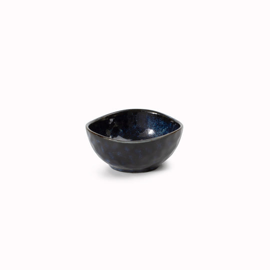 Indigo Blue Glaze Table Sauce Dish from Made in Japan, approximately 8.5cm with an irregular, organic shaping to the edge. Designed for soy sauce, dips or small condiments such as picked ginger.