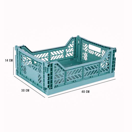 Teal Midi Folding Crate Dimensions from Aykasa. This crate is made from 100% recyclable material and can be folded flat when not in use. It's perfect for holding books, toys, clothes, or anything else you want to organise. 