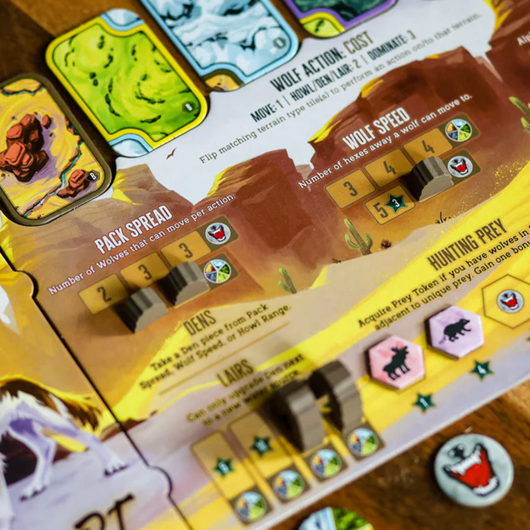 The Wolves is a pack-building strategy game for 2-5 players. It’s survival of the fittest as you compete to build the largest, most dominant pack by claiming territory, recruiting lone wolves, and hunting prey. Detail of Board.