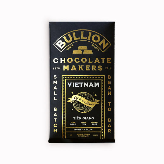 A special edition dark chocolate bar from Bullion Chocolate's Explorer Series. Beans from the Tien Giang region of Vietnam, limited in supply, with tasting notes of honey and plum