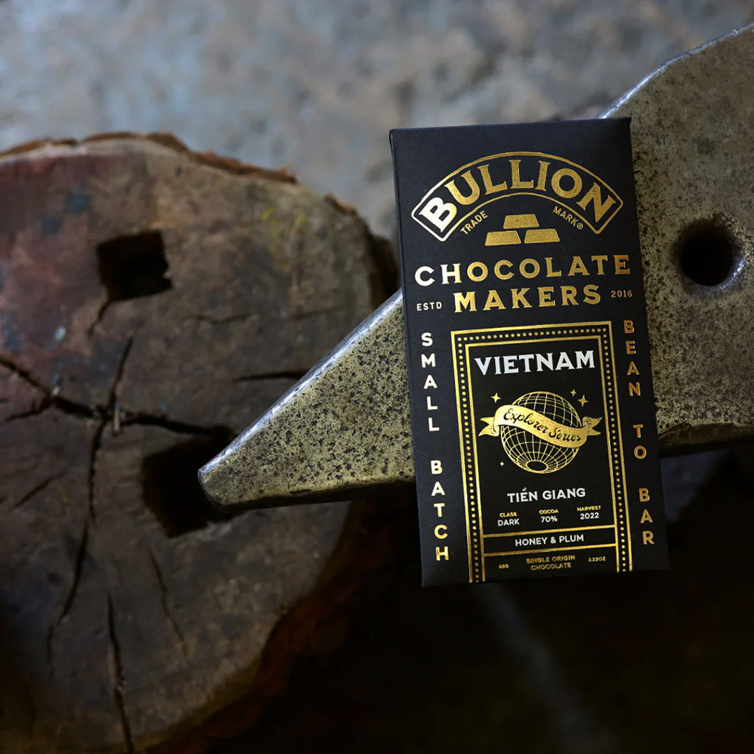 A special edition dark chocolate bar from Bullion Chocolate's Explorer Series. Beans from the Tien Giang region of Vietnam, limited in supply, with tasting notes of honey and plum