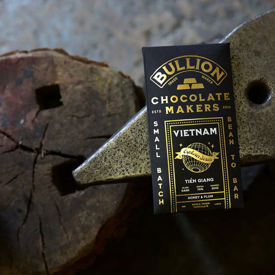 A special edition dark chocolate bar from Bullion Chocolate's Explorer Series. Beans from the Tien Giang region of Vietnam, limited in supply, with tasting notes of honey and plum