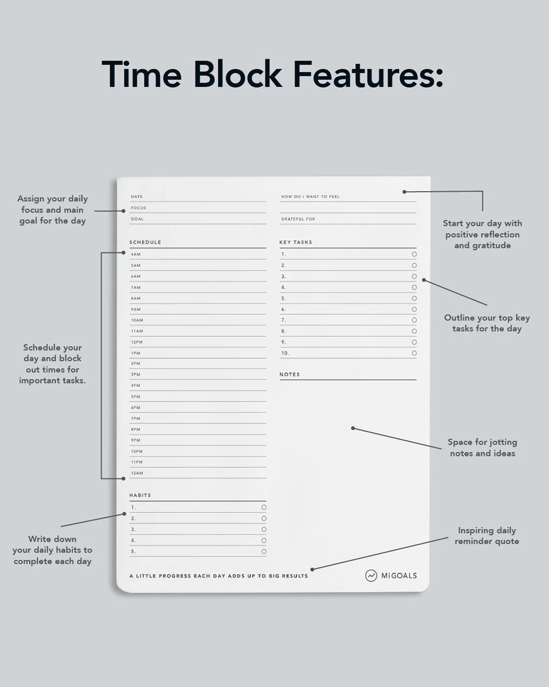 Each sheet is split into a vertical timeline with space to assign work, breaks, and key priorities across the day. 