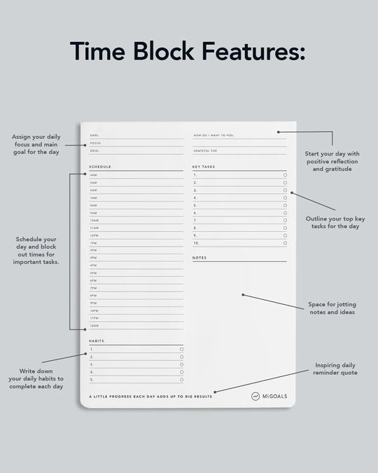 Each sheet is split into a vertical timeline with space to assign work, breaks, and key priorities across the day. 