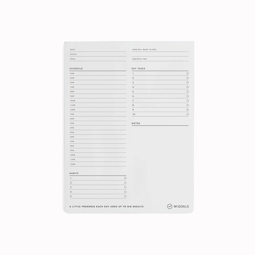 Each sheet is split into a vertical timeline with space to assign work, breaks, and key priorities across the day. 