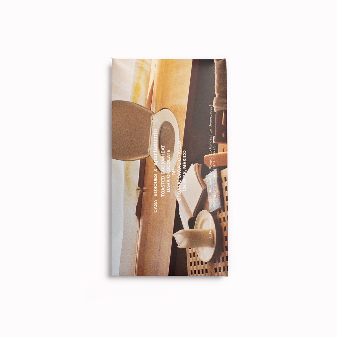 Casa Bosque Toasted Buckwheat chocolate packet with a design of an apartment interior on a white background