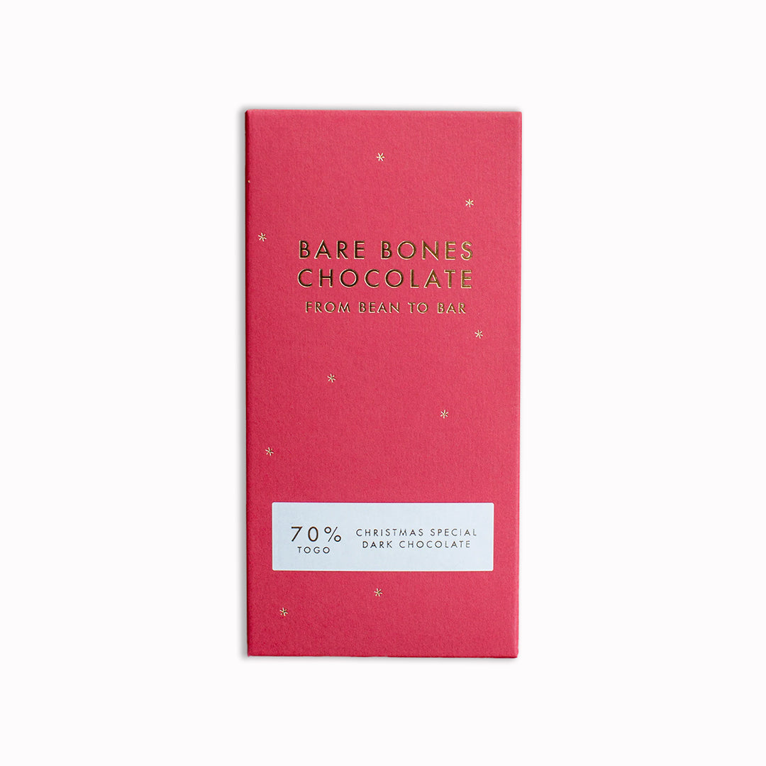 The 2024 Christmas Special chocolate bar by Bare Bones is a single-origin Togo 70% dark chocolate with appropriately festive taste notes of yule log and red berries.