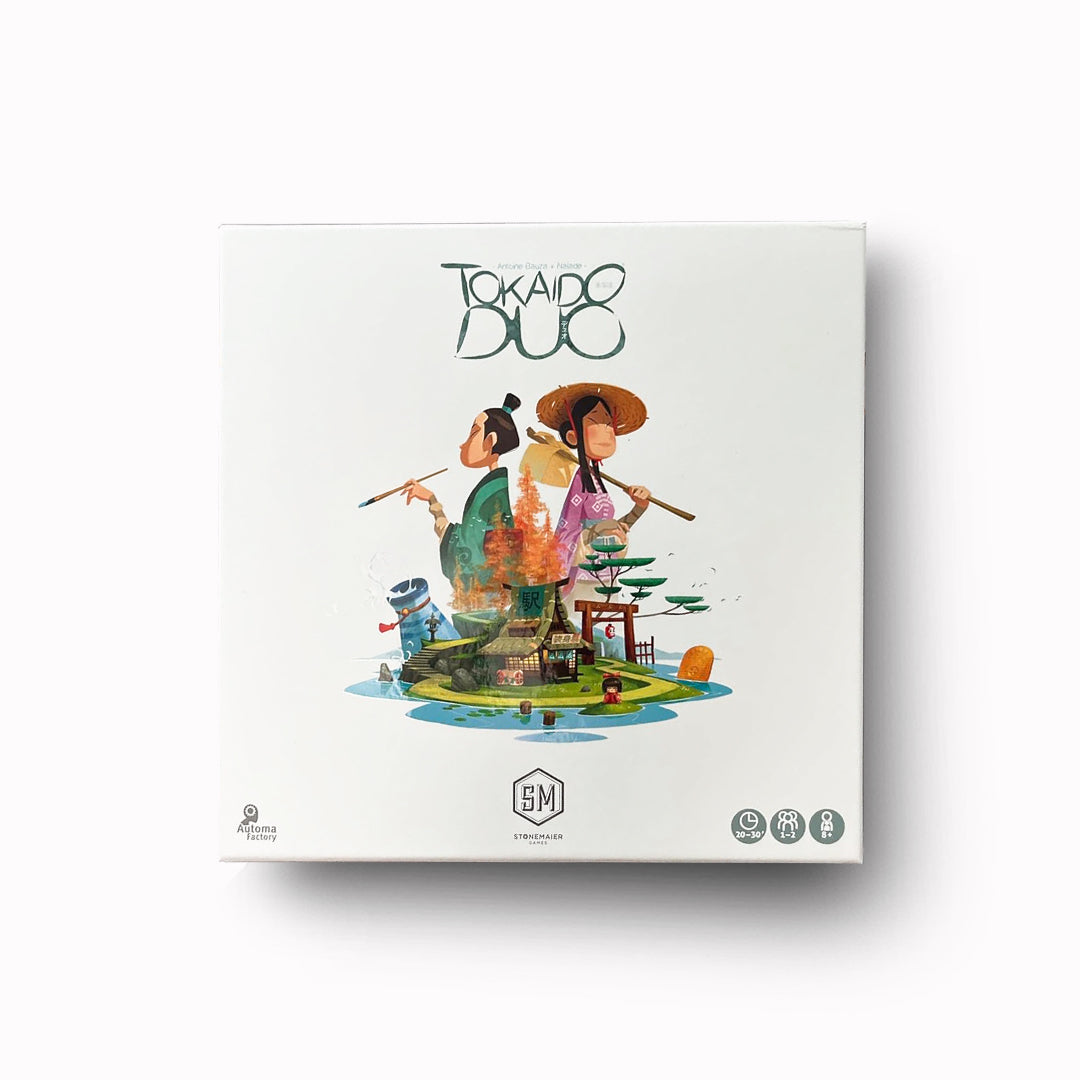 Tokaido Duo board game box featuring a colorful illustration of two characters with traditional Japanese elements, set against a clean white background.