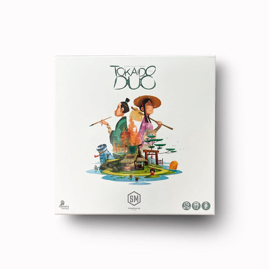 Tokaido Duo board game box featuring a colorful illustration of two characters with traditional Japanese elements, set against a clean white background.