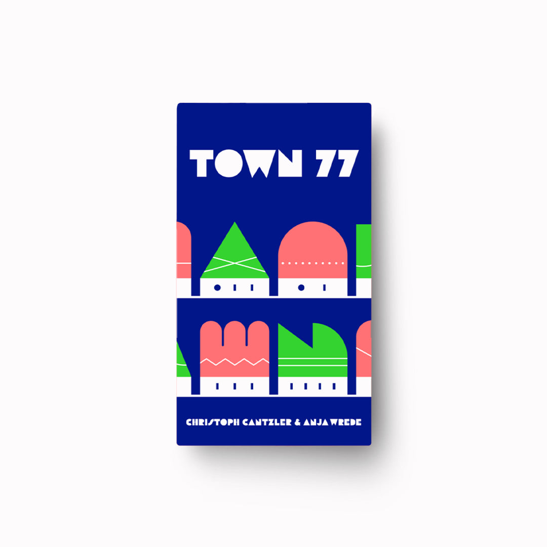 Game cover of 'Town 77' by Oink Games with geometric shapes on a blue backgroundy 