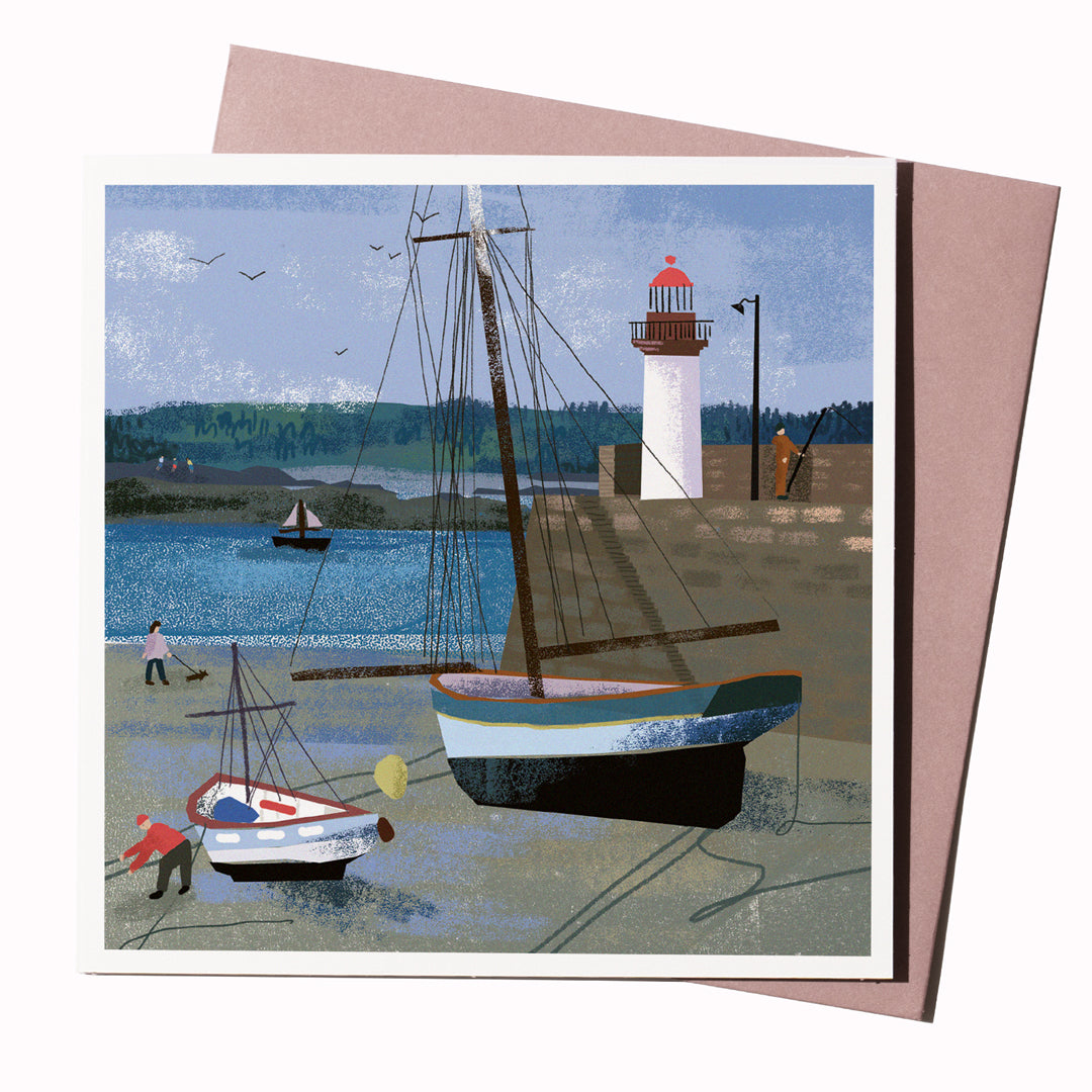 Monoprint is our in-house card range portraying idyllic travel destinations, continuing with this depiction of a Cote D'Amour harbour at low tide in a heavily textured contemporary style.