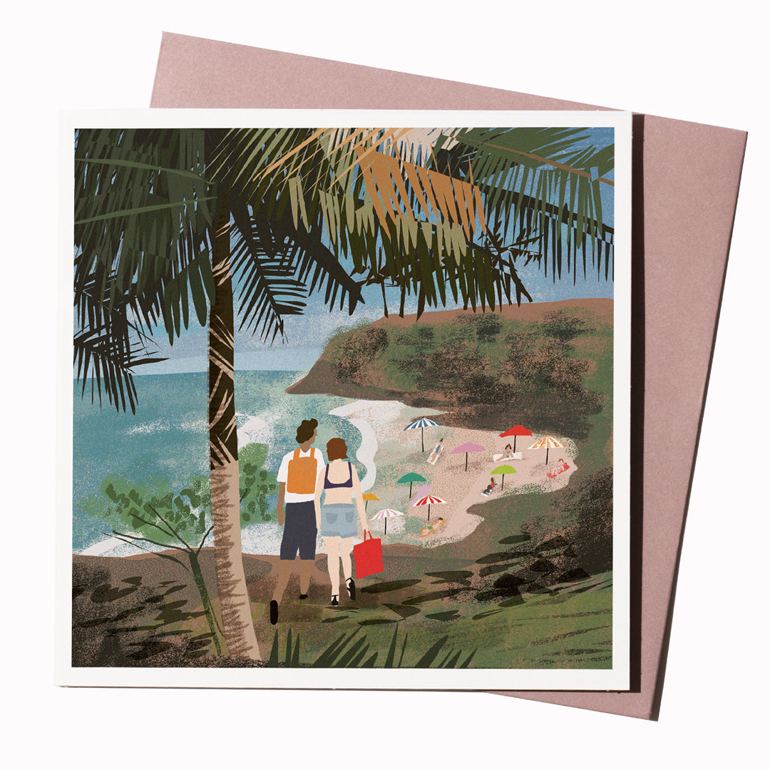 Monoprint is our in-house card range portraying idyllic travel destinations, continuing with this depiction of a clifftop view down to a Mallorca beach in a heavily textured contemporary style.