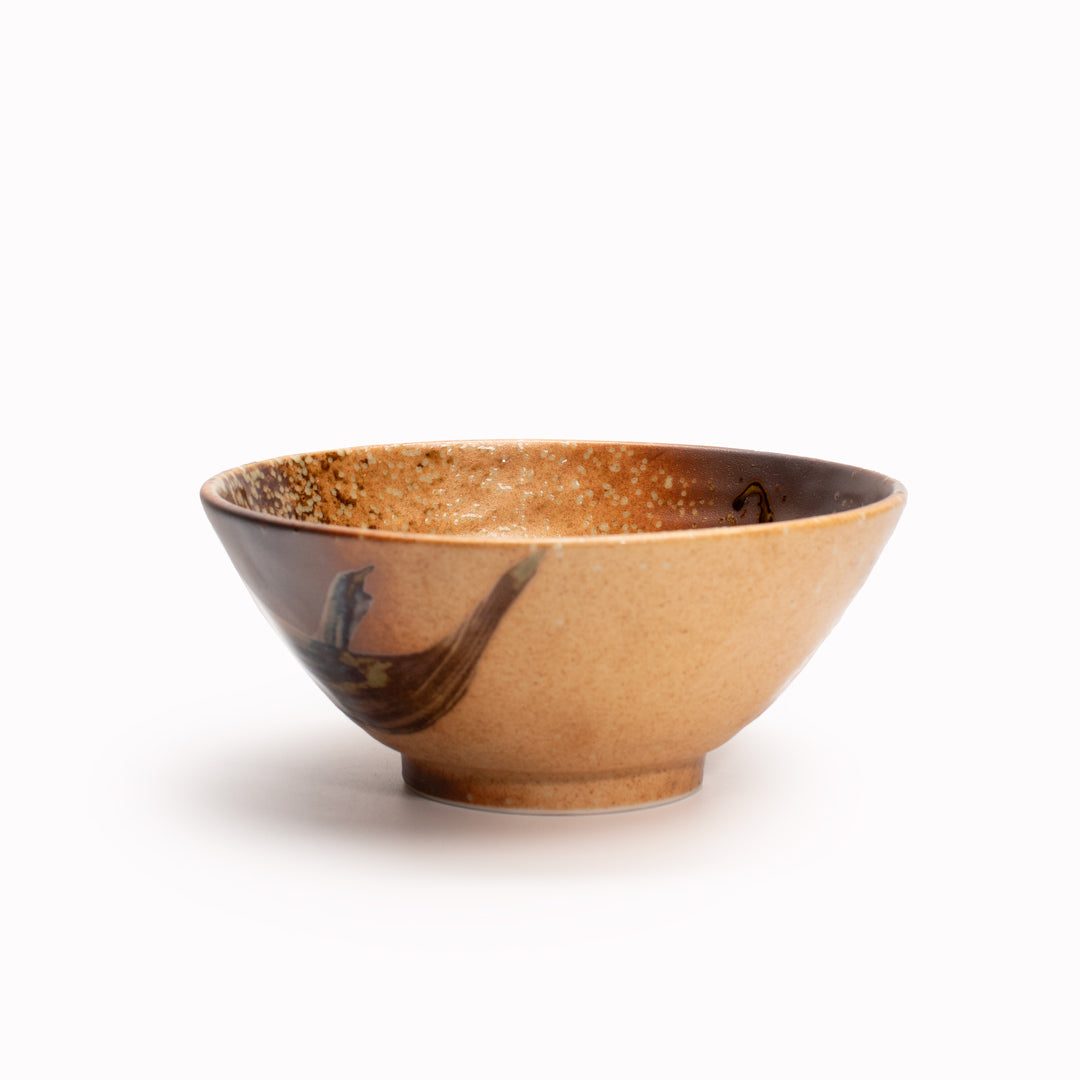 Shallow terracotta Udon bowl from Made in Japan,  featuring a rustic glaze with striking green splash. Perfect for Noodles.