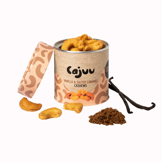 Cajuu's Vanilla Salted Caramel Cashew Nuts offer a unique blend of flavours that tantalize the taste buds with a combination of sweet and savoury notes.