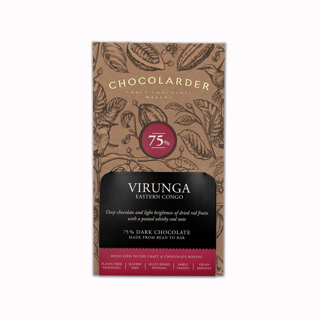 Virunga 75% Dark Chocolate Bar from Falmouth, UK. Bean to bar chocolate from cacao sourced from the first ever female led cooperative in Eastern Congo