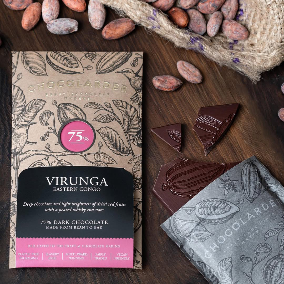 Virunga 75% Dark Chocolate Bar from Falmouth, UK. Bean to bar chocolate from cacao sourced from the first ever female led cooperative in Eastern Congo