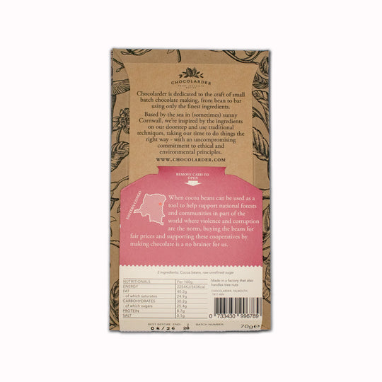 Virunga 75% Dark Chocolate Bar from Falmouth, UK. Bean to bar chocolate from cacao sourced from the first ever female led cooperative in Eastern Congo