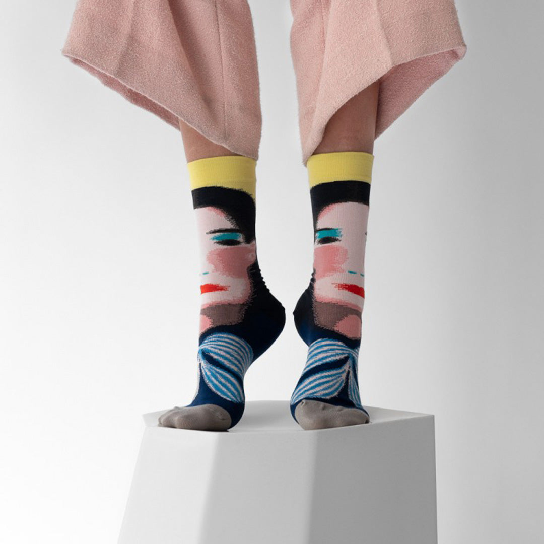 Visage Canari - Illustrative and arty, fashion led socks! Bonne Maison have been producing high quality Egyptian cotton socks in Europe since 2012. Each seasonal collection tells stories in colour and pattern