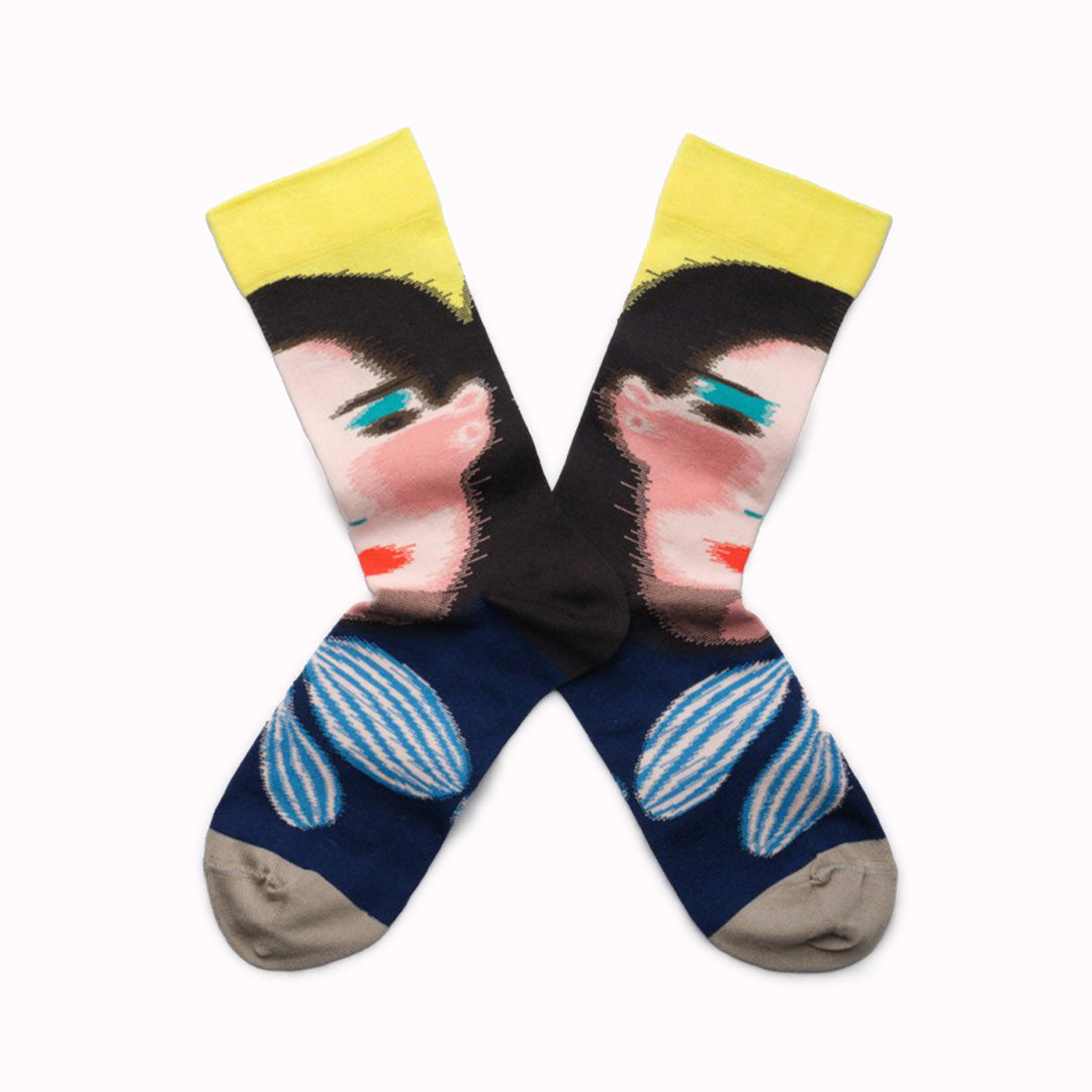 Visage Canari - Illustrative and arty, fashion led socks! Bonne Maison have been producing high quality Egyptian cotton socks in Europe since 2012. Each seasonal collection tells stories in colour and pattern