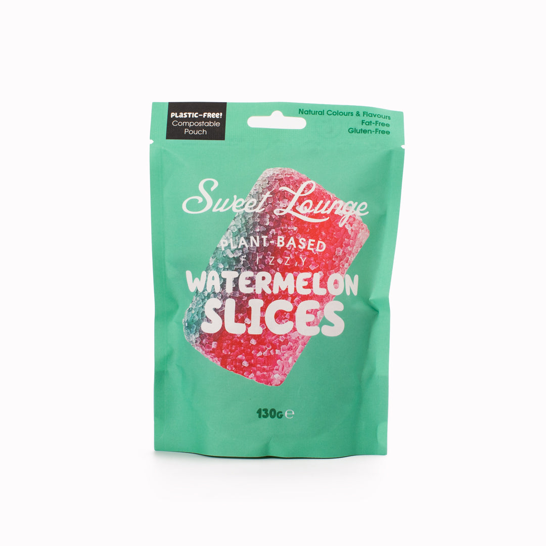 Sweet Lounge Vegan Fizzy Watermelon Slices are playful, bite-sized gummies shaped like watermelon wedges, delivering a tart fizzy zing alongside natural fruit sweetness