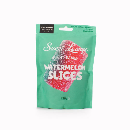 Sweet Lounge Vegan Fizzy Watermelon Slices are playful, bite-sized gummies shaped like watermelon wedges, delivering a tart fizzy zing alongside natural fruit sweetness
