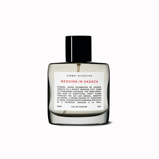 Kismet Olfactive perfume bottle labeled 'Wedding in Oaxaca' on a white background