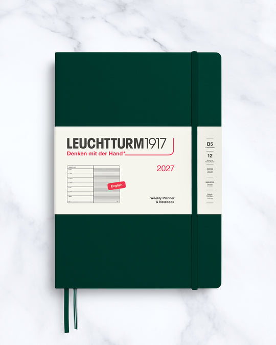 This B5 Hardcover planner offers 7 days to a page with a page every week for notes, so the left-hand page is a 7-day planner and the right-hand page is notes. 
