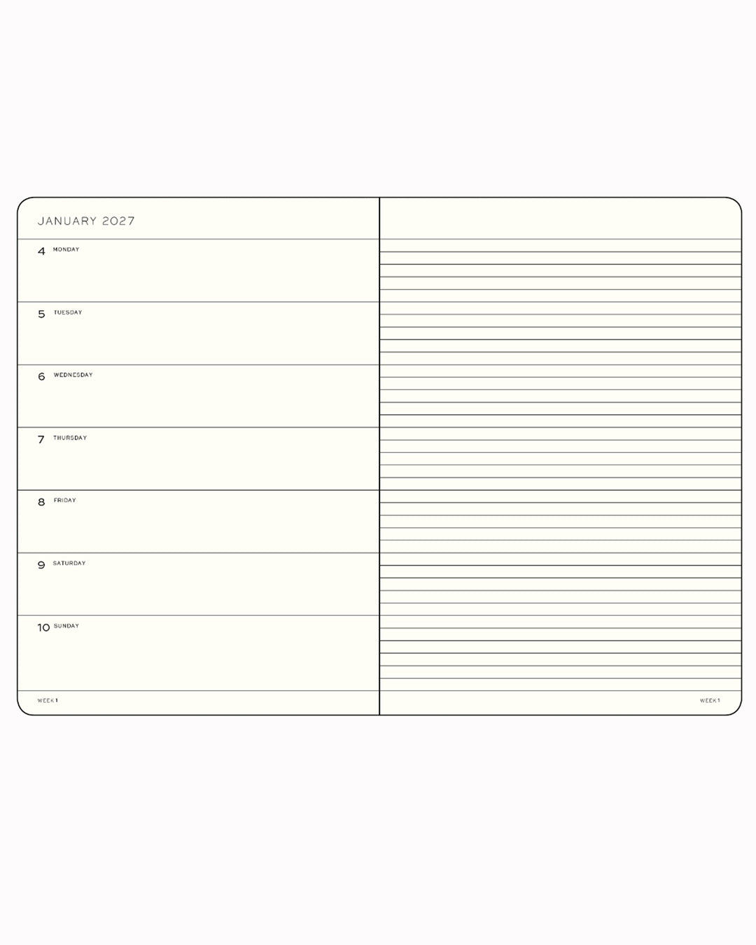 This A5 Softcover planner offers 7 days to a page with a page every week for notes, so the left-hand page is a 7-day planner and the right-hand page is notes.