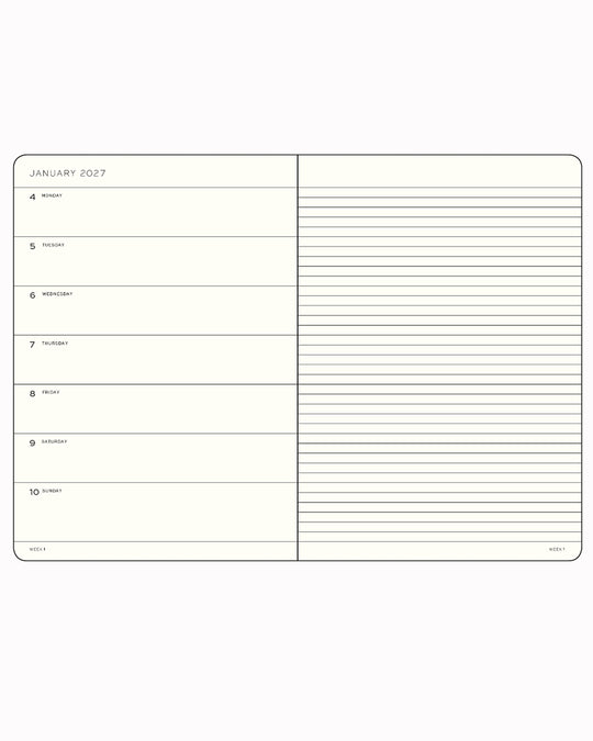 This A5 Softcover planner offers 7 days to a page with a page every week for notes, so the left-hand page is a 7-day planner and the right-hand page is notes.