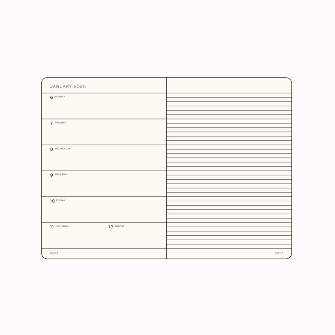 The Composition Weekly Planner + Notebook 2025 is Leuchtturm1917's combined Planner and Notebook, from January 2025 to December 2025. It comes in a choice of colours.